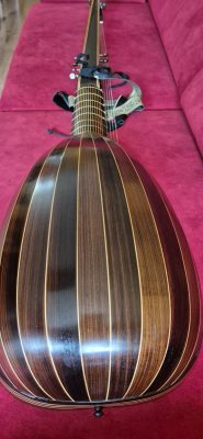 Back view of Jaume Bosser theorbo showing the 13 rosewood ribs with maple stripes