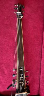 Full neck view of Jaume Bosser concert theorbo showing ebony fingerboard with synthetic ivory frame and double pegbox