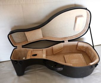 Open hardshell case for the Le Luth Doré renaissance lute, showing the beige velvet padded interior in excellent condition