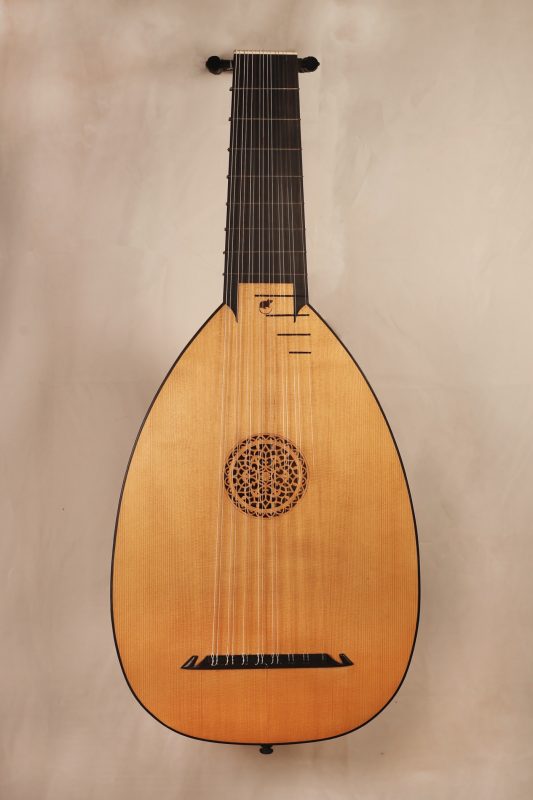 Front view of an 8-course Renaissance lute by Chiara Frisio after Hieber 1580, spruce top with carved rosette and ebony fingerboard