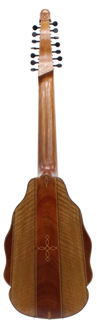 Flat back of a Robert Hadaway bandora made of several wood sections with light line inlay on body, neck and pegbox