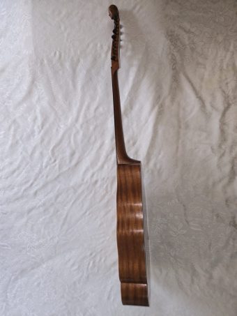 Side profile of a Robert Hadaway bandora showing the shallow body depth and the long fingerboard