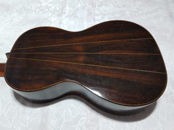 Four-piece Brazilian rosewood back of an 1849 Louis Panormo guitar with light spacer lines and figured grain
