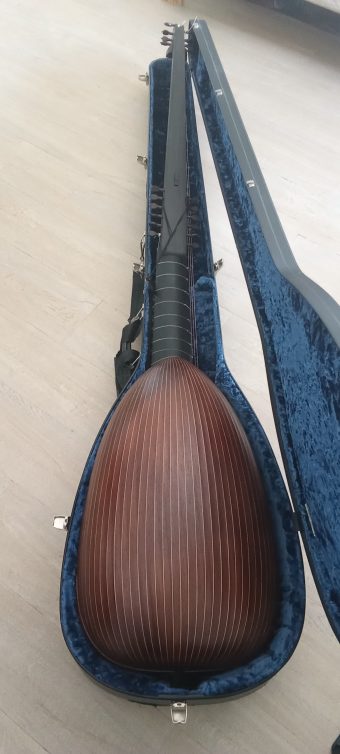 Rounded ribbed back of an Anders Ahlborg theorbo in dark wood, with the long neck and extended bass pegbox above