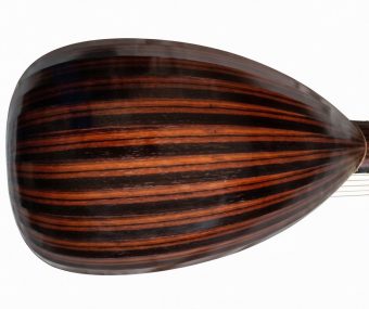 Back of the bowl of a Peter Biffin theorbo showing spectacular striped Macassar ebony ribs of very high quality