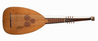 Front view of a theorbo by Peter Biffin (1981), soundboard with three finely carved rosettes and double pegbox