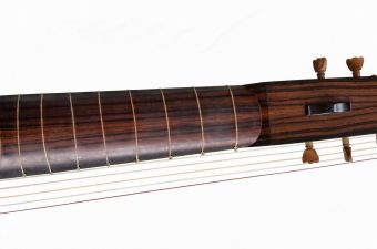 Detail of the neck and fingerboard of a Peter Biffin theorbo with tied gut frets and the lower diapason pegbox