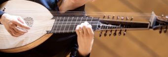 Detail of the extended neck and second pegbox of the György Lőrinczi archlute with its long bass diapason strings