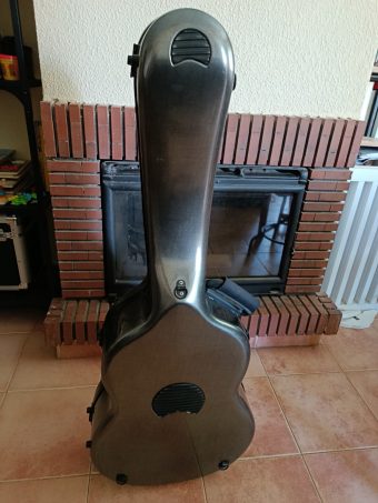 Back of the closed Bam 8002XLSC case included with the guitar, showing the moulded shell and the strap fittings