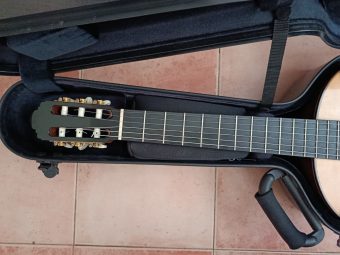 Headstock and ebony fingerboard of the Paco Santiago Marín classical guitar seen from the front, resting in the open case