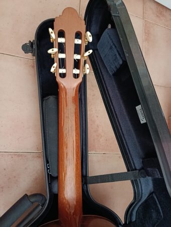 Back of the neck and headstock of the Paco Santiago Marín classical guitar, showing the cedar neck and the gold-plated tuners