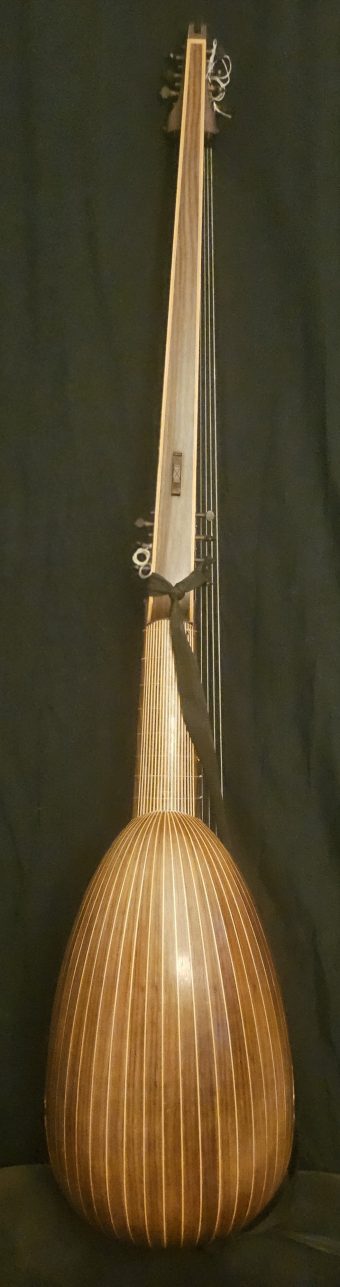 Back of the Carlo Cecconi theorbo: ribbed bowl in dark-toned wood with light fillets and long veneered neck