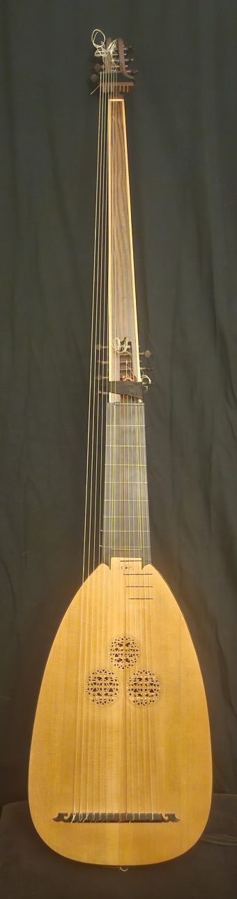Full front view of a 14-course theorbo by Carlo Cecconi (2008) with three carved rosettes and double pegbox