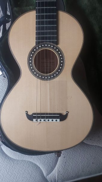 Close-up of the moustache pin bridge, mother-of-pearl inlaid rosette and luthier
