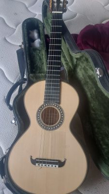 Ángel Benito romantic guitar lying in its black hard case with green plush lining, headstock and gold tuners visible