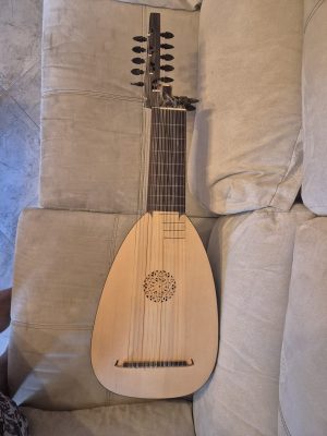 Full front view of a baroque lute by Jacob van de Geest (1973) with light soundboard, carved rosette and dark pegbox
