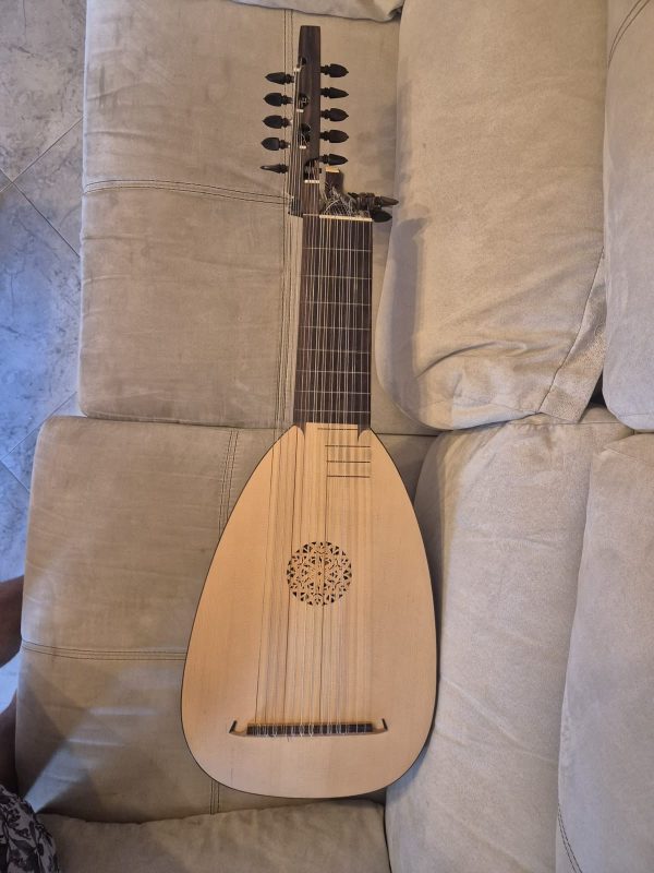 Full front view of a baroque lute by Jacob van de Geest (1973) with light soundboard, carved rosette and dark pegbox