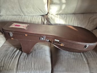 Closed brown hard case of the baroque lute by Jacob van de Geest (1977), with metal latches and carrying handle