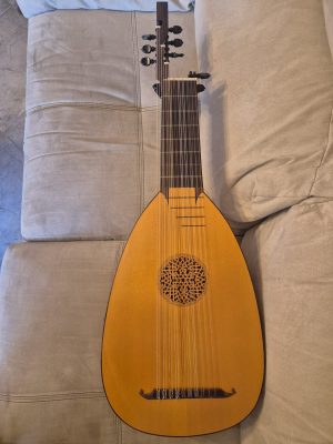 Full front view of a baroque lute by Jacob van de Geest (1977) with varnished soundboard, carved rosette and black pegs