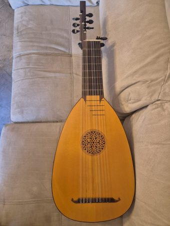 Full front view of a baroque lute by Jacob van de Geest (1977) with varnished soundboard, carved rosette and black pegs