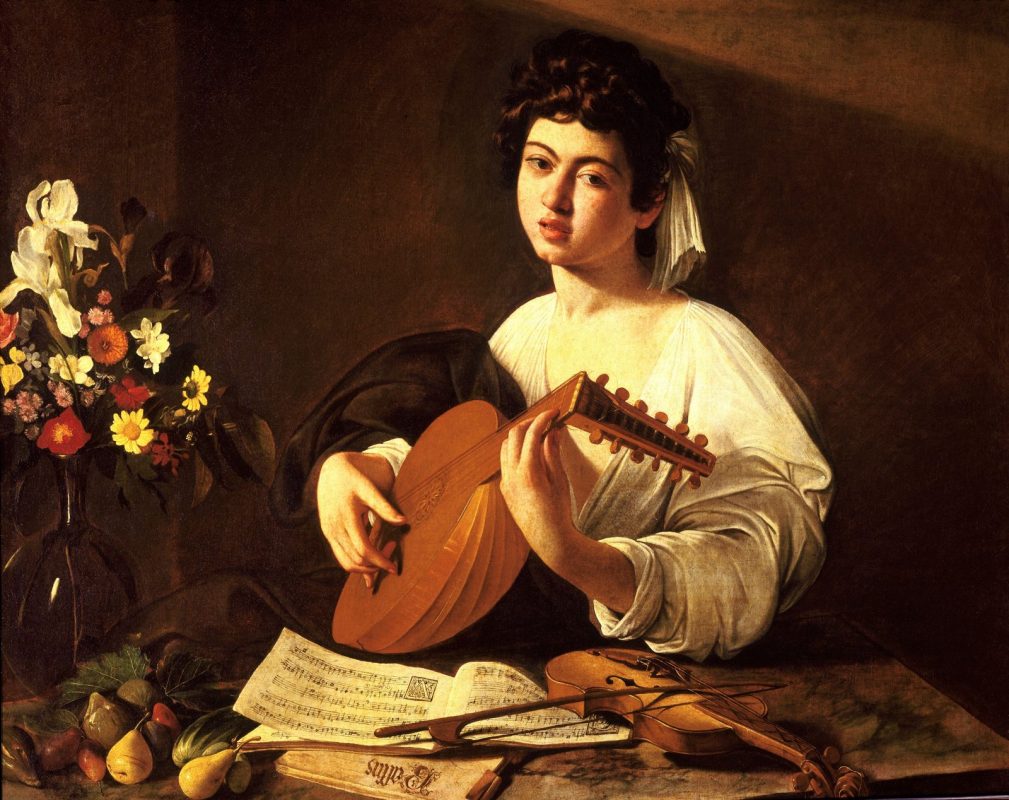 Joven cantando con el laúd, con libros de partes, un violín, fruta y flores sobre la mesa