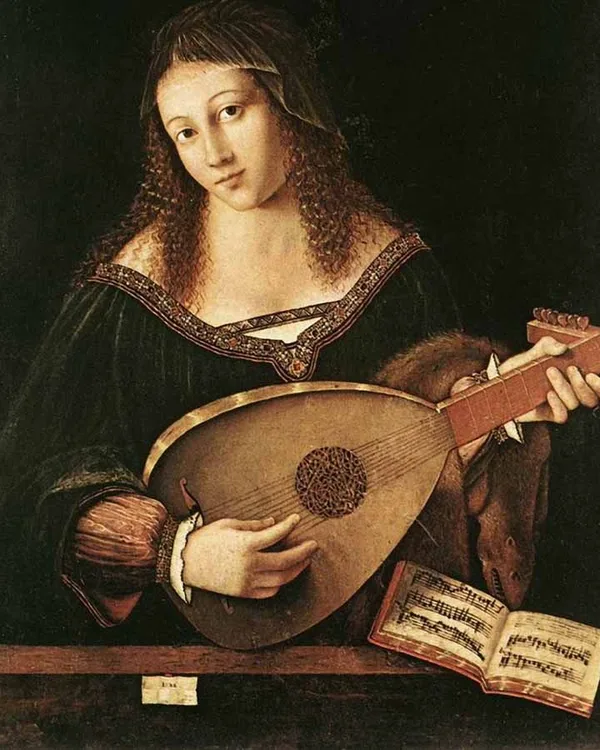 Young woman in a dark Renaissance dress playing a lute, with a music book open on the ledge