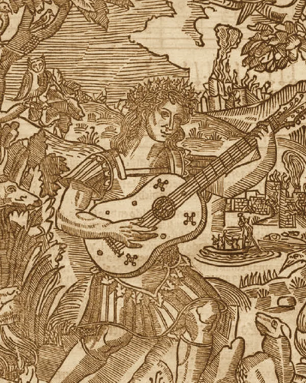 Grabado de Orfeo tocando la vihuela entre animales, de El Maestro de Luis Milán (1536)