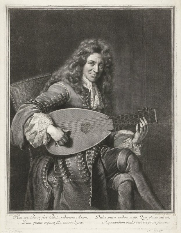 Retrato grabado del laudista Charles Mouton sentado, tocando un laúd barroco francés