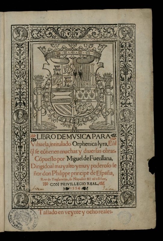 Title page with the royal coat of arms of Philip, Prince of Spain, inside a woodcut border, above the printed title in red and black