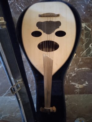 Oud with a light-coloured soundboard, three oval soundholes and dark pickguard, lying in its open hard case