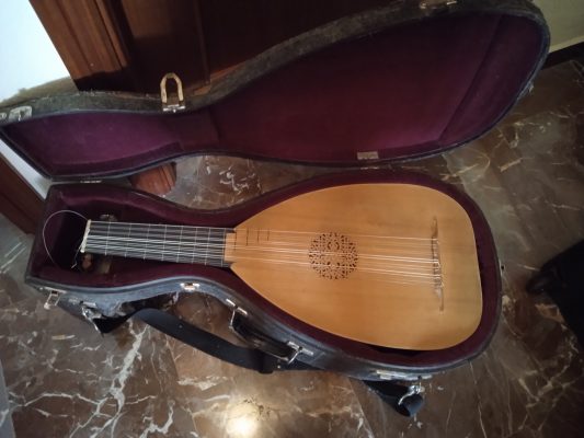 7-course renaissance lute by Mathias Durvie with spruce top and carved rose, lying in its open hard case