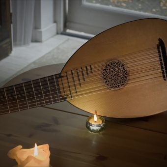 Angled view of the Hans Jordan renaissance lute showing the soundboard, carved rose and guitar-type bridge
