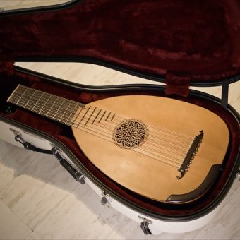 Hans Jordan renaissance lute resting in its white Schuster hard case with burgundy plush lining