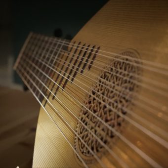 Detail of the rose and the metal frets of the 8-course renaissance lute by Hans Jordan (1976)
