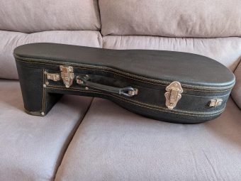 Closed black Manzano hard case included with the 7-course renaissance lute by Nicolas Petit