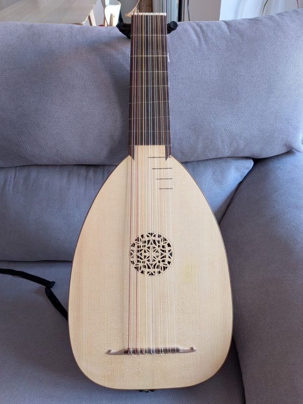 7-course renaissance lute in G by Nicolas Petit, front view with spruce top, carved rose and bridge