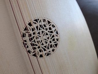 Close-up of the carved rose on the soundboard of the 7-course renaissance lute by Nicolas Petit