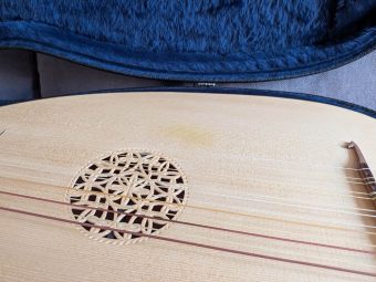 Soundboard and rose of the Nicolas Petit lute, well preserved with only light marks near the bridge